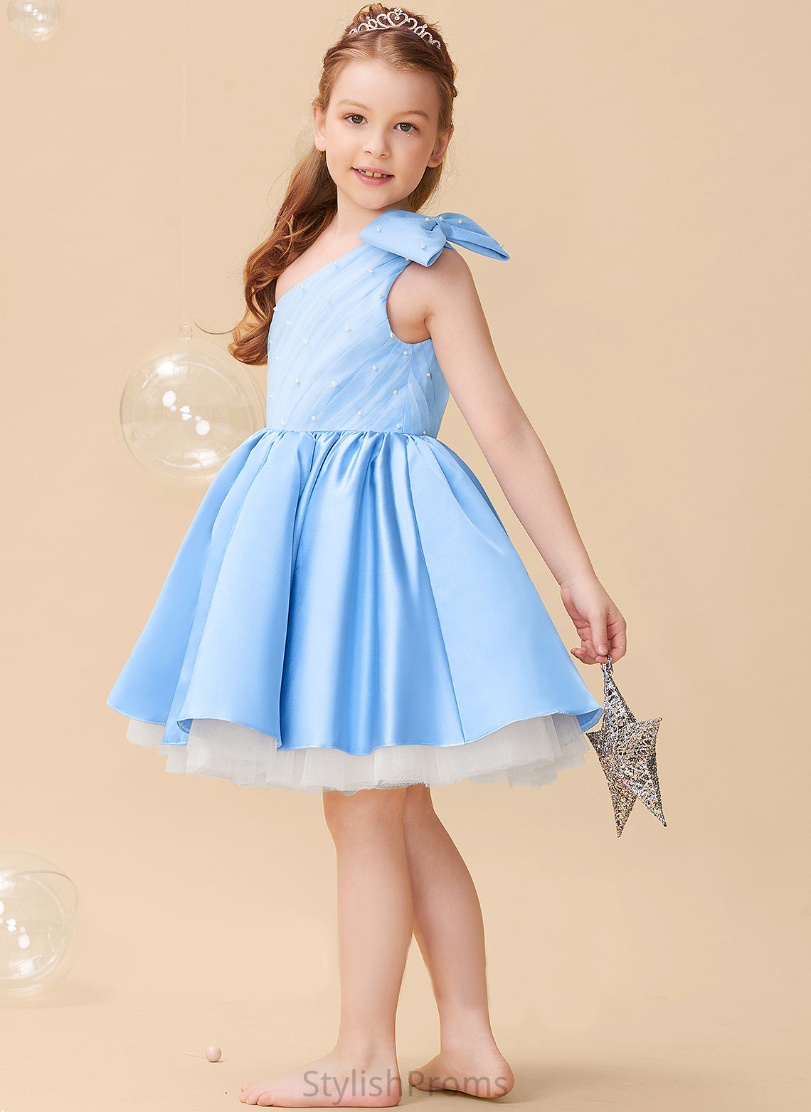 Logan Dress Beading/Bow(s) Knee-length Flower With Sleeveless Girl - Satin/Tulle A-Line One-Shoulder Flower Girl Dresses