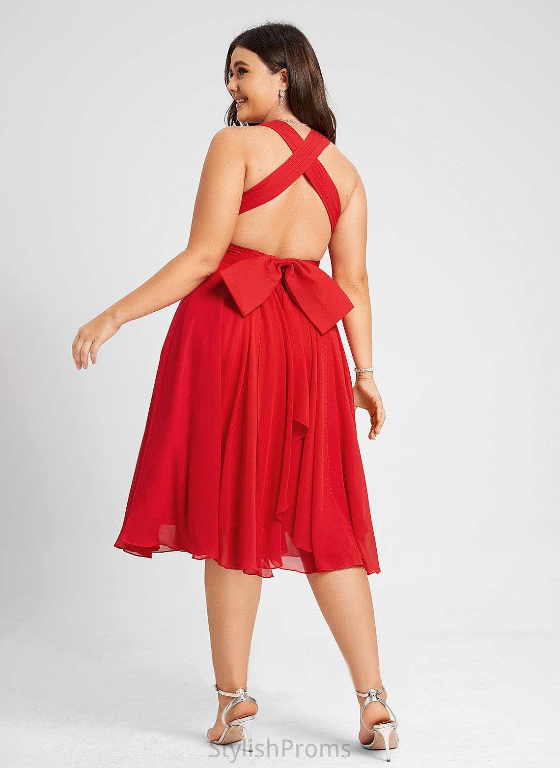 V-neck Dress Knee-Length Chiffon Cocktail A-Line Cocktail Dresses Ruffle Cierra With Bow(s)