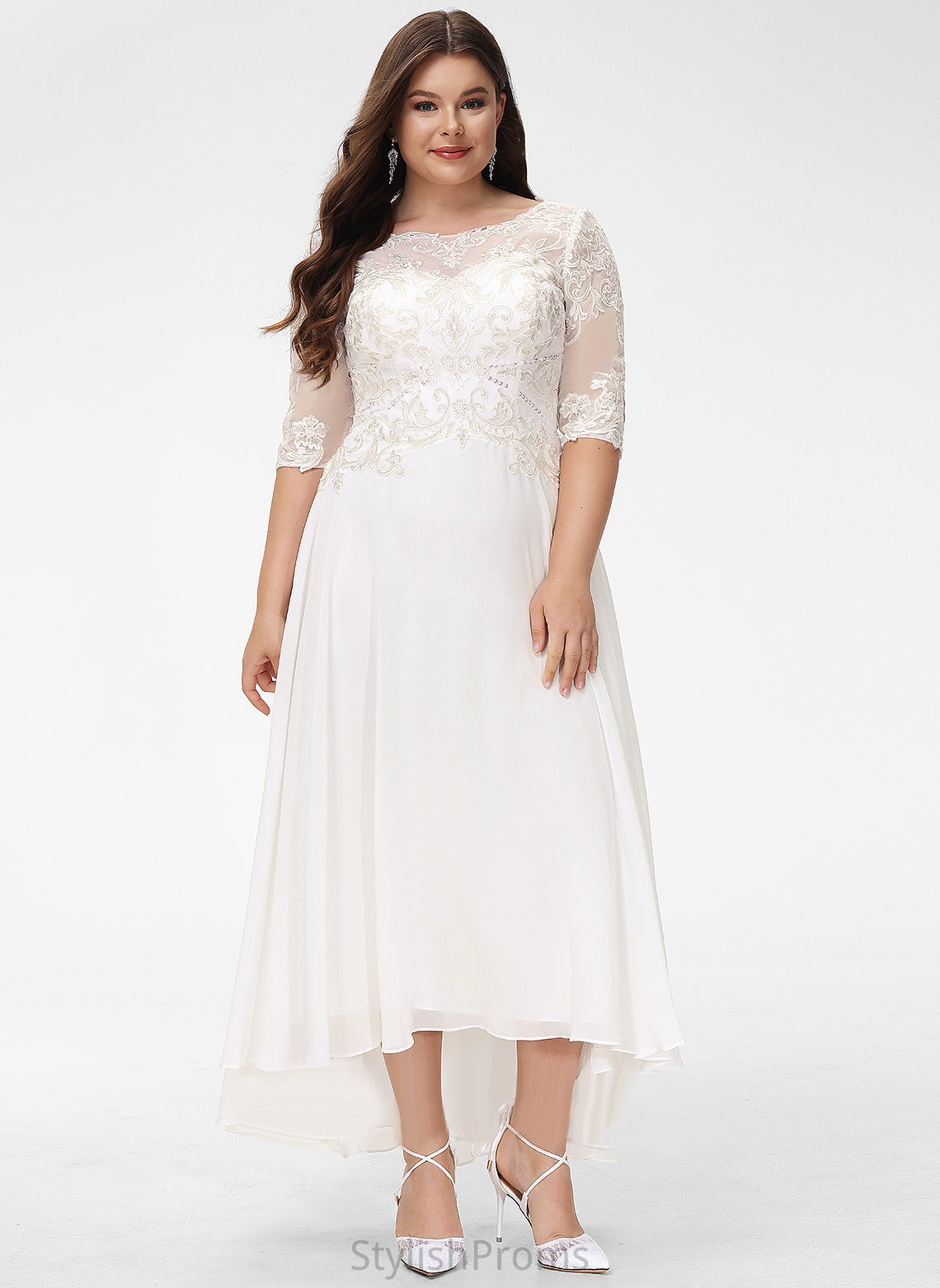 Lace Scoop Neck A-Line Chiffon Wedding Dresses Wedding With Sequins Asymmetrical Beading Dress Ruby