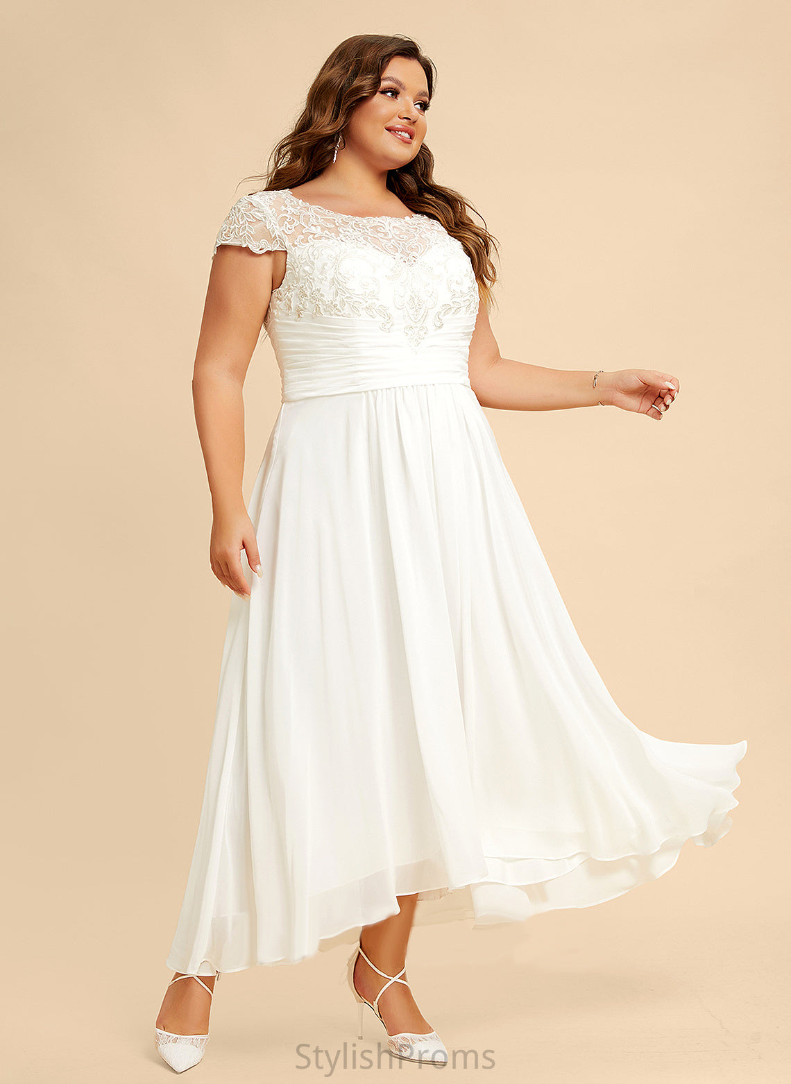 Scoop Wedding Dresses Chiffon Asymmetrical Lace Laney A-Line Dress Wedding Neck