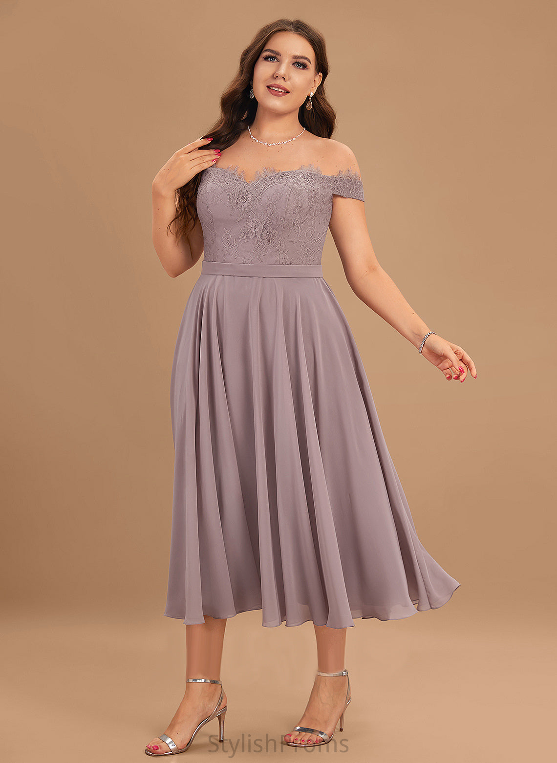 Chiffon Dress Lace Cocktail Dresses With Beading Tea-Length Off-the-Shoulder Cocktail Janiyah A-Line