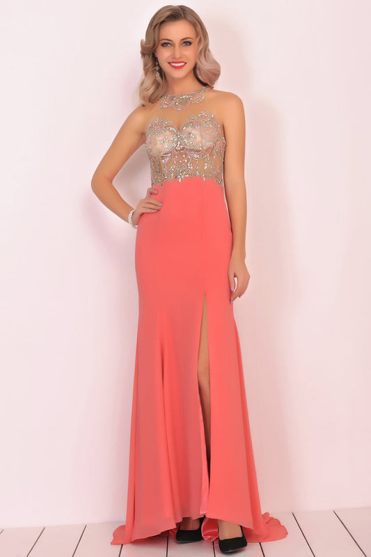 2024 Mermaid Scoop Chiffon Prom Dresses With Beads And Slit