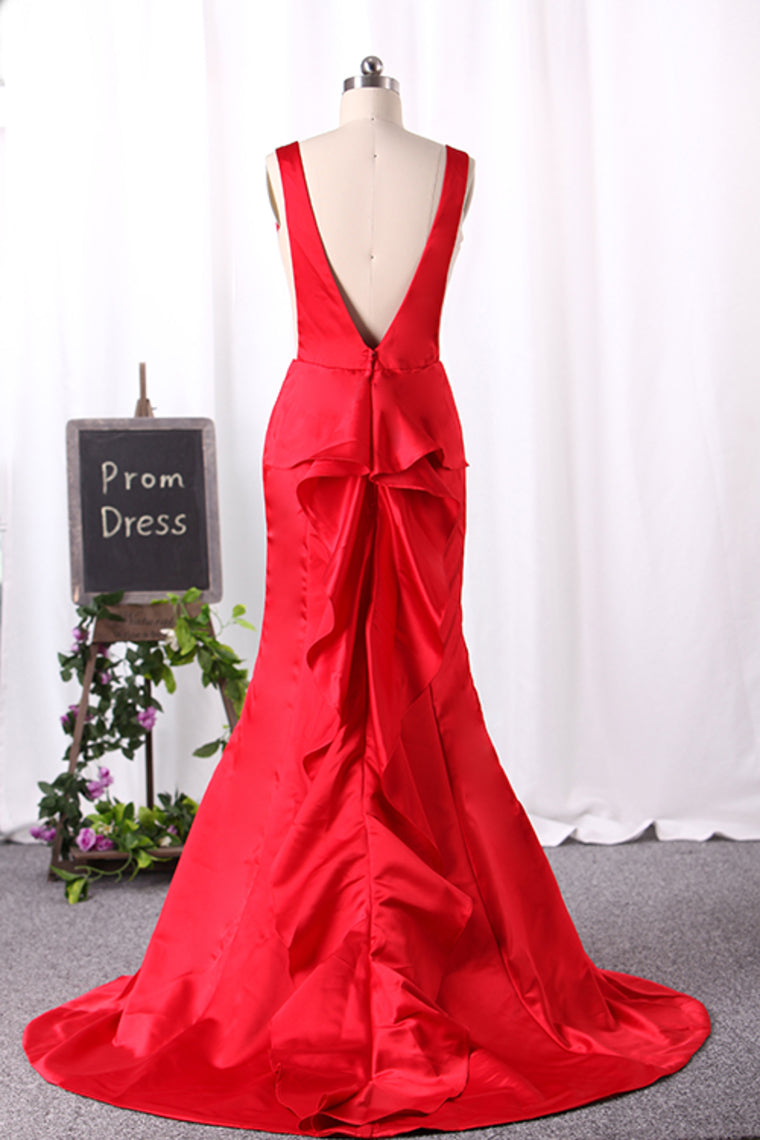 2024 V Neck Open Back Satin Mermaid Sweep Train Evening Dresses