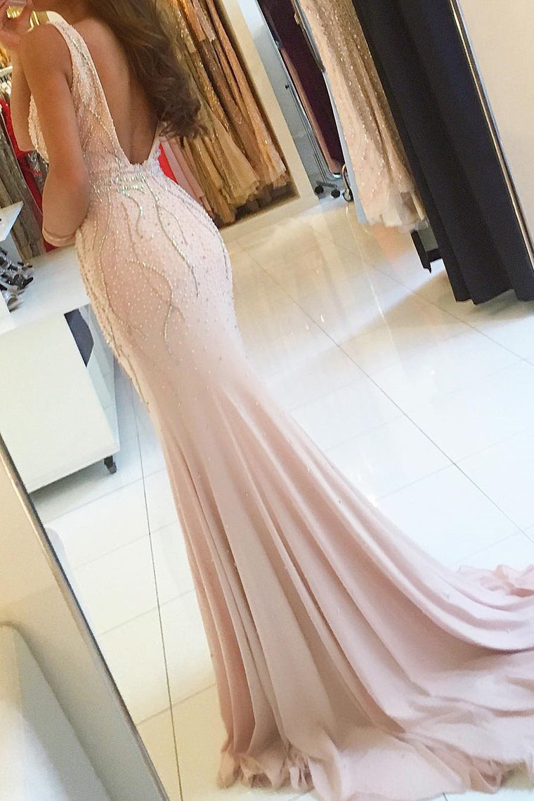 2024 V-Neck Mermaid Chiffon Prom Dresses With Beads And Slit Open Back