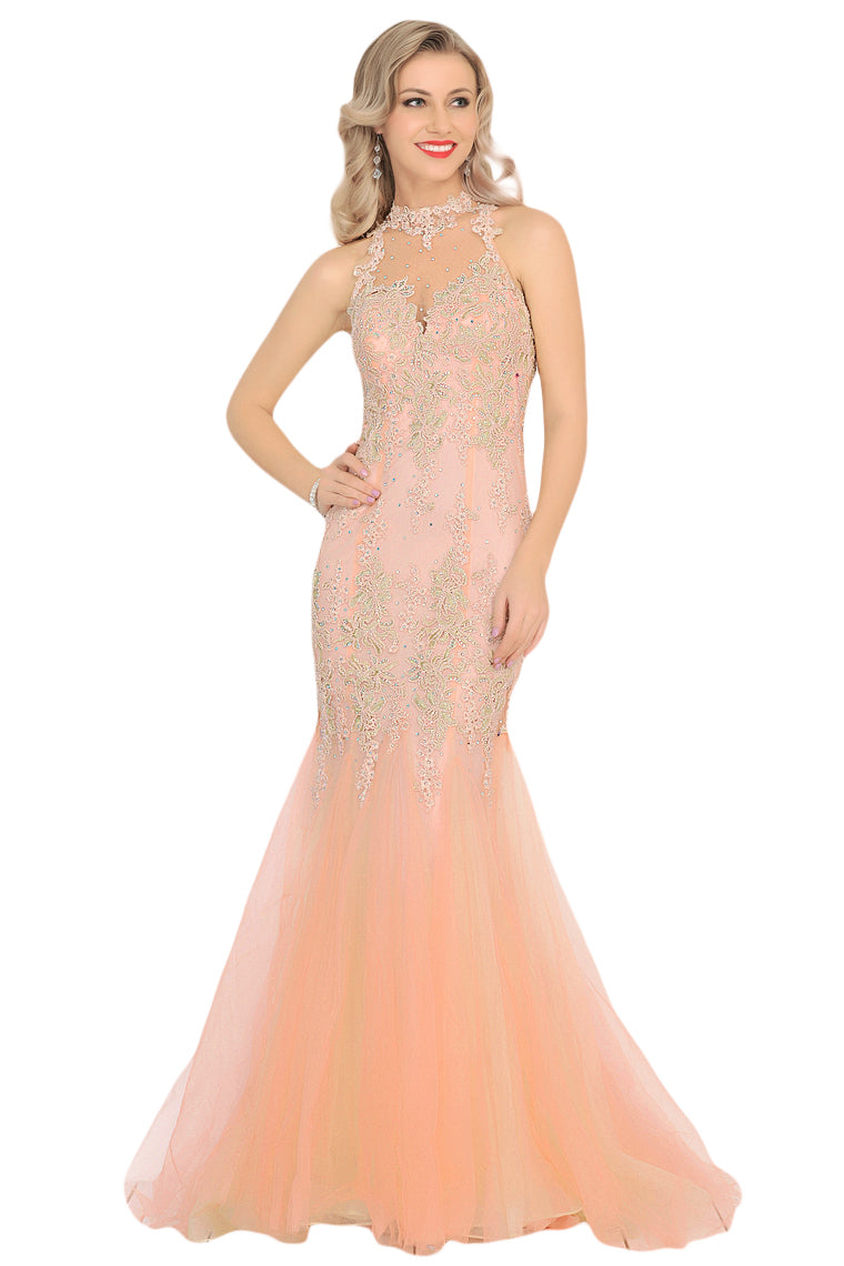 2024 High Neck Tulle With Applique Mermaid Prom Dresses Sweep Train