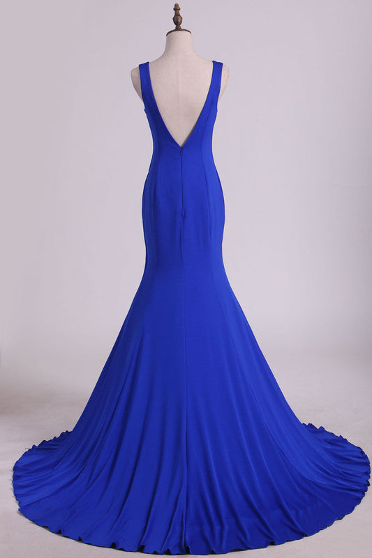 2024 Sexy Open Back Prom Dresses Mermaid  V Neck Court Train Spandex