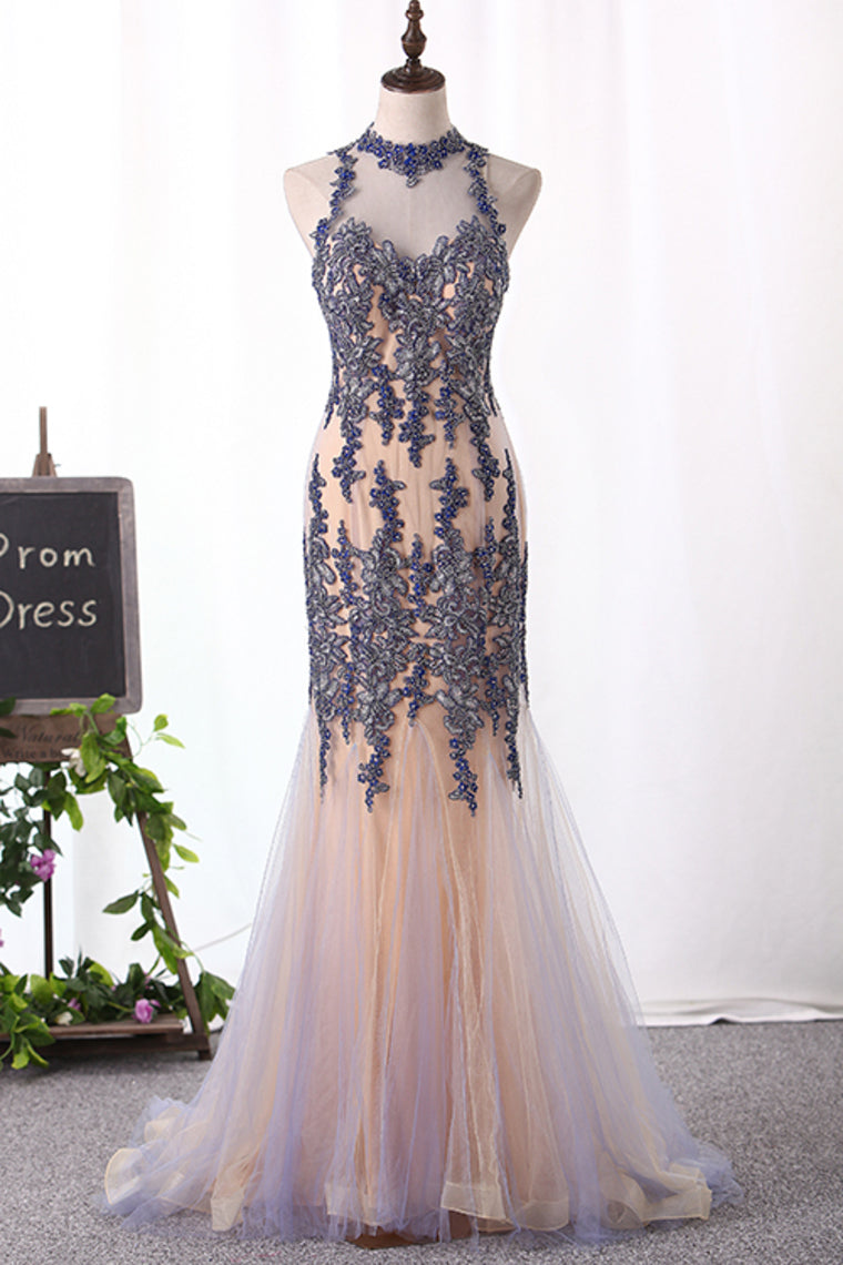 2024 New Arrival Scoop High Neck Tulle With Applique And Beads Mermaid Prom Dresses