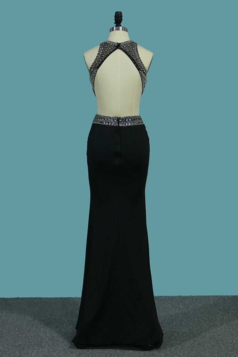 2024 Open Back Scoop With Beads And Slit Mermaid Prom Dresses