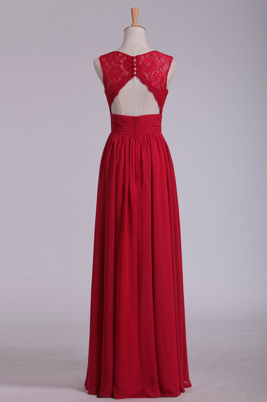 2024 Scoop Open Back Chiffon & Lace A Line Burgundy Bridesmaid Dresses