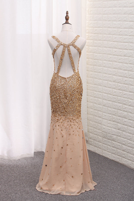 2024 Luxury Mermaid Chiffon Beaded Bodice Straps Prom Dresses With Slit Crossed Back