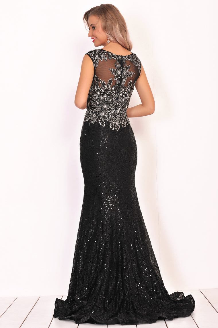 2024 Scoop Prom Dresses Mermaid Sequins With Beading Sweep Train