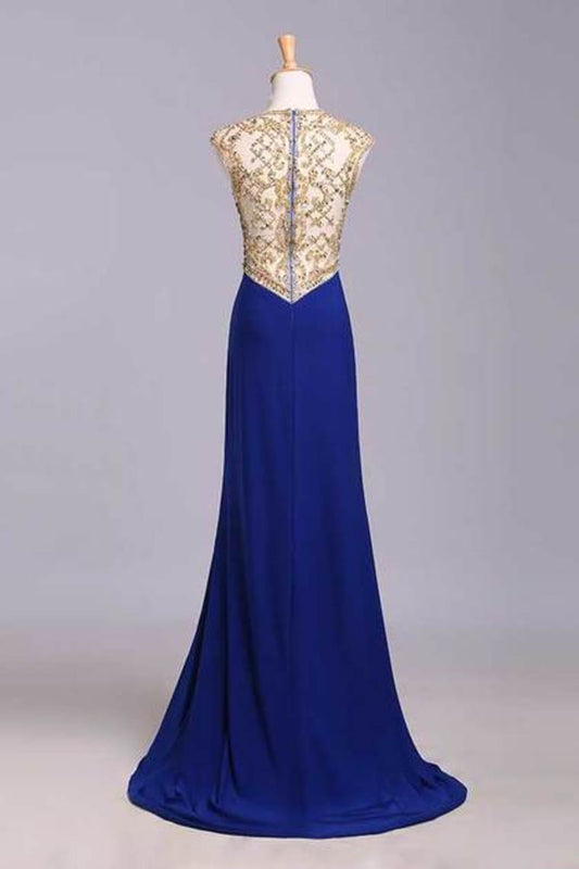 2024 Scoop Neckline Column Beaded Bodice Prom Dresses With Court Train & Slit