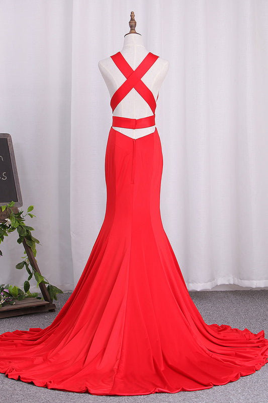 2024 V Neck Satin Evening Dresses Mermaid Open Back Sweep Train