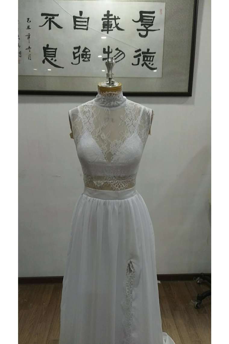 Lace Top Chiffon Two Pieces Beach Wedding Dress Sweep Train