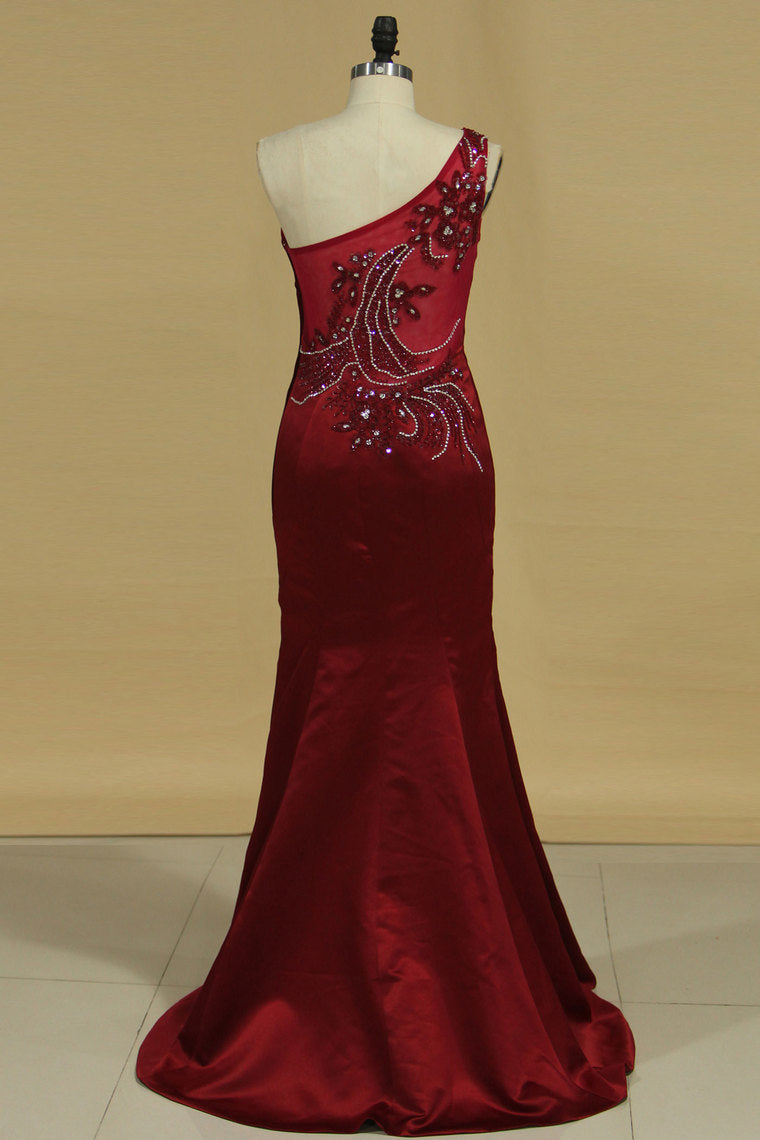 2024 Prom Dresses Mermaid One Shoulder With Beading Floor Length Satin