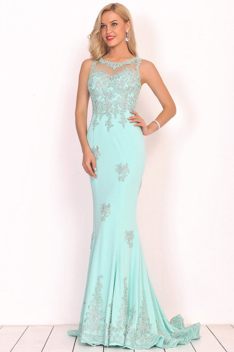 2024 Prom Dresses Mermaid Scoop Spandex With Applique Sweep Train