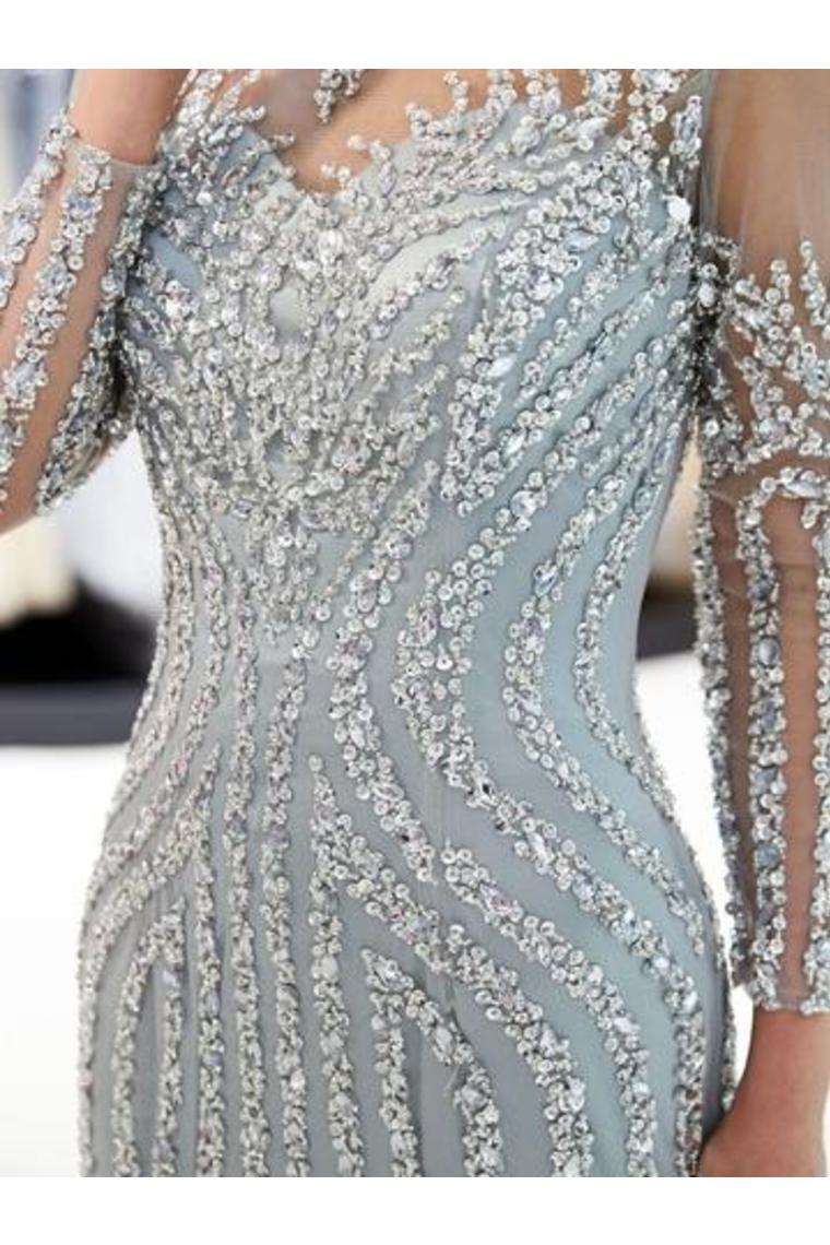 Beaded Evening Dresses Luxury Mermaid Crystal Sweep Train Long Sleeves Prom Dress