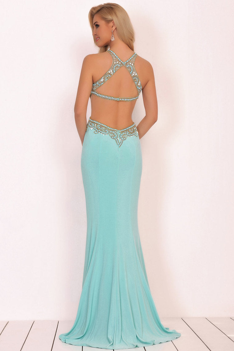 2024 Prom Dresses Scoop Beaded Bodice Mermaid Spandex Open Back