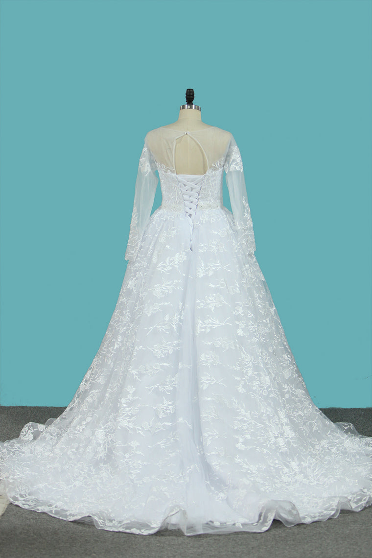 2024 Lace Wedding Dresses Long Sleeves Scoop A Line With Applique And Beads Court Train