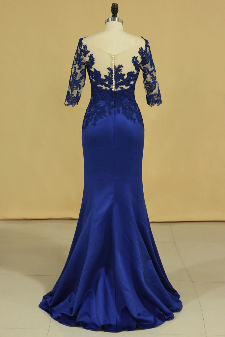 2024 Bateau Dark Royal Blue Mother Of The Bride Dresses 3/4 Length Sleeve With Applique Satin Dark Royal Blue