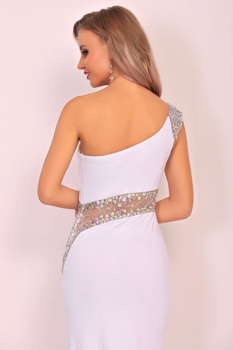 2024 Spandex One Shoulder Mermaid Sweep Train Prom Dresses With Slit