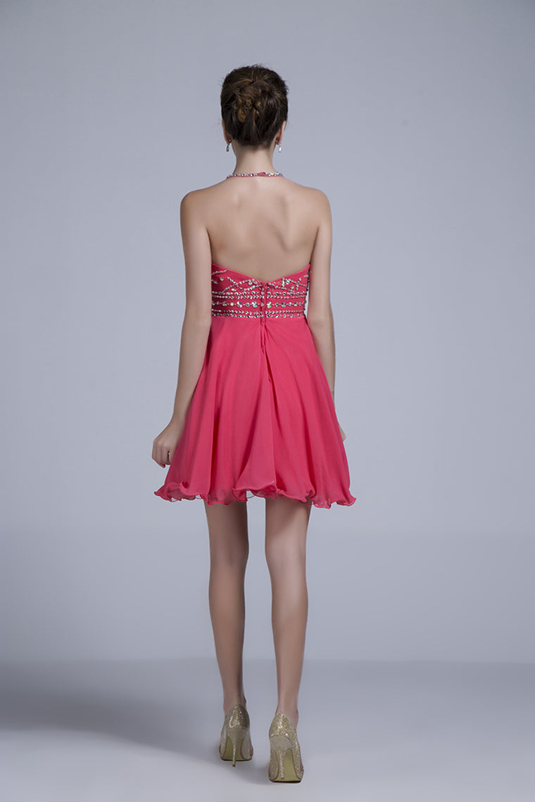 2024 Halter A Line Sexy And Cute Homecoming Dress Short/Mini Chiffon&Tulle Beaded