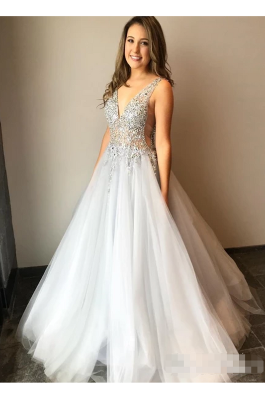 Tulle V Neck Ball Gown With Re-Embroidered Lace Appliques Prom/Wedding Dresses