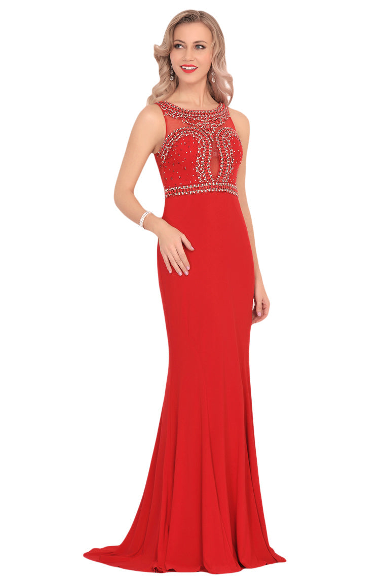 2024 Spandex Scoop Beaded Bodice Mermaid Sweep Train Prom Dresses