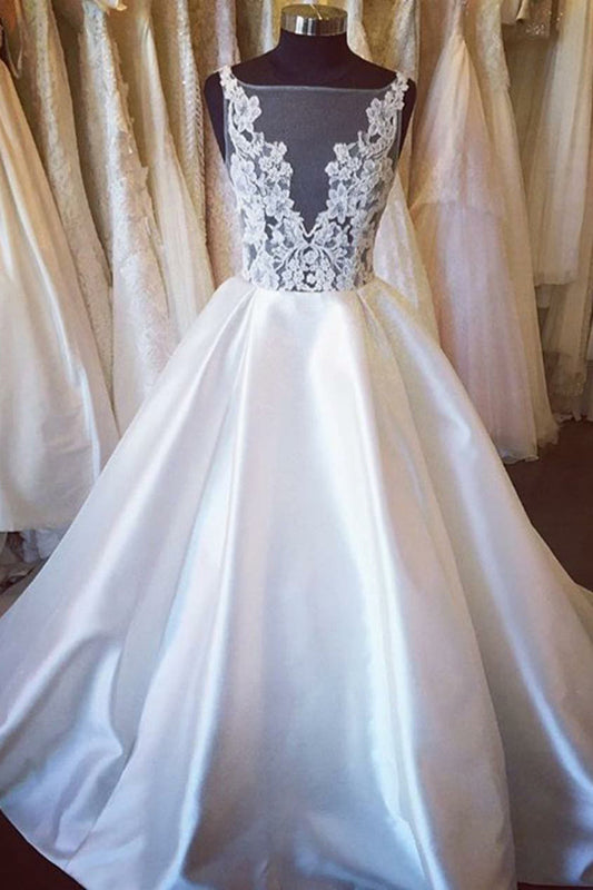 Pretty Open Back Long Lace Satin Elegant Wedding Dresses