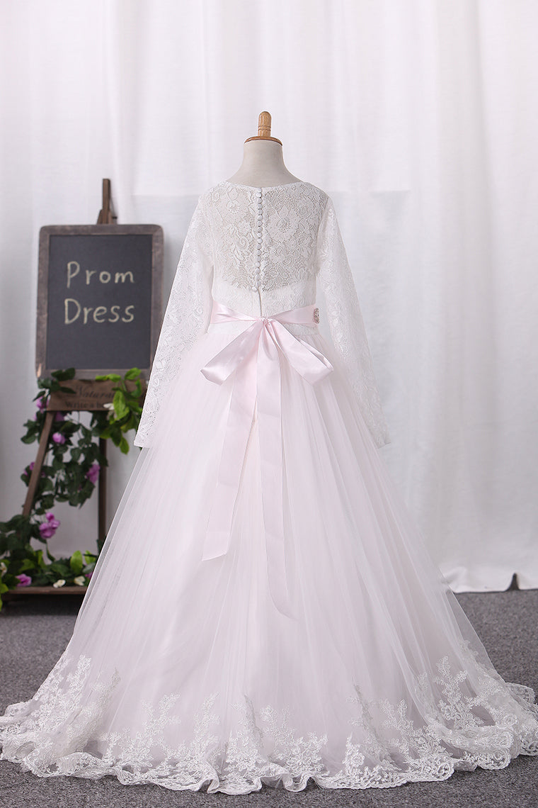 2024 Scoop Tulle Lace Bodice With Sash/Belt Flower Girl Dresses Ball Gown