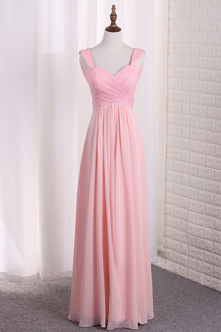 2024 Bridesmaid Dresses Straps Sequined Bodice A Line Chiffon Floor Length