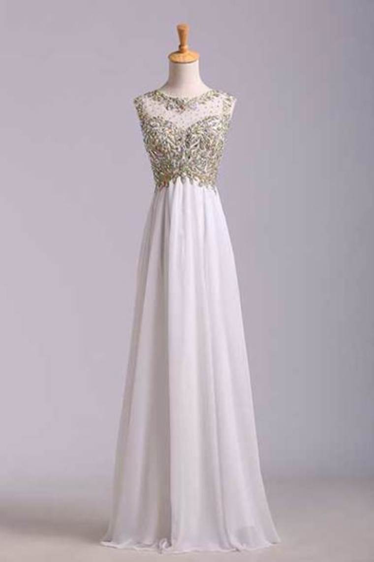 2024 Scoop Neckline Off The Shoulder Prom Dresses White Floor Length Chiffon With Gold Embroidery