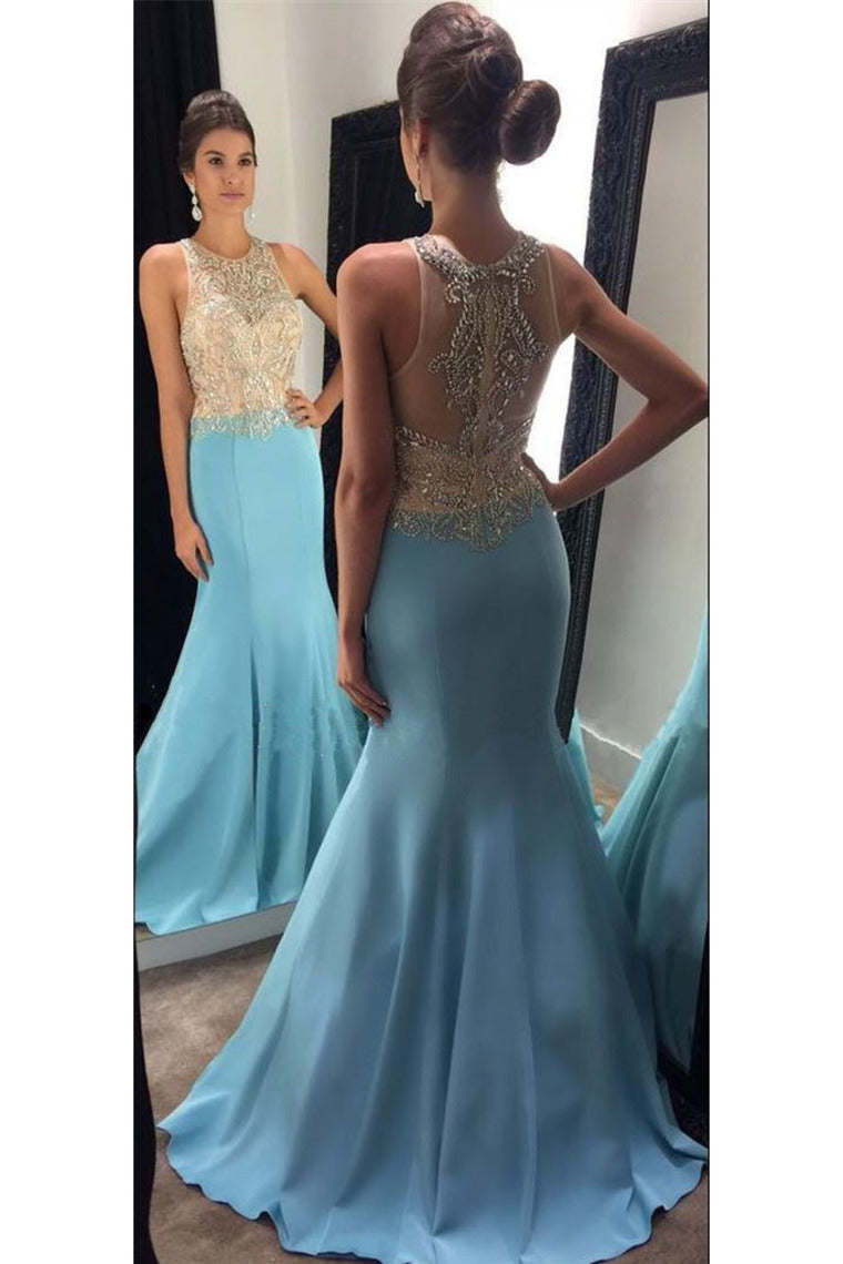 2024 Scoop Beaded Bodice Mermaid Prom Dresses Satin Sweep Train