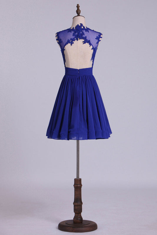 2024 Hot Selling Homecoming Dresses Scoop A-Line Short/Mini Chiffon Dark Royal Blue