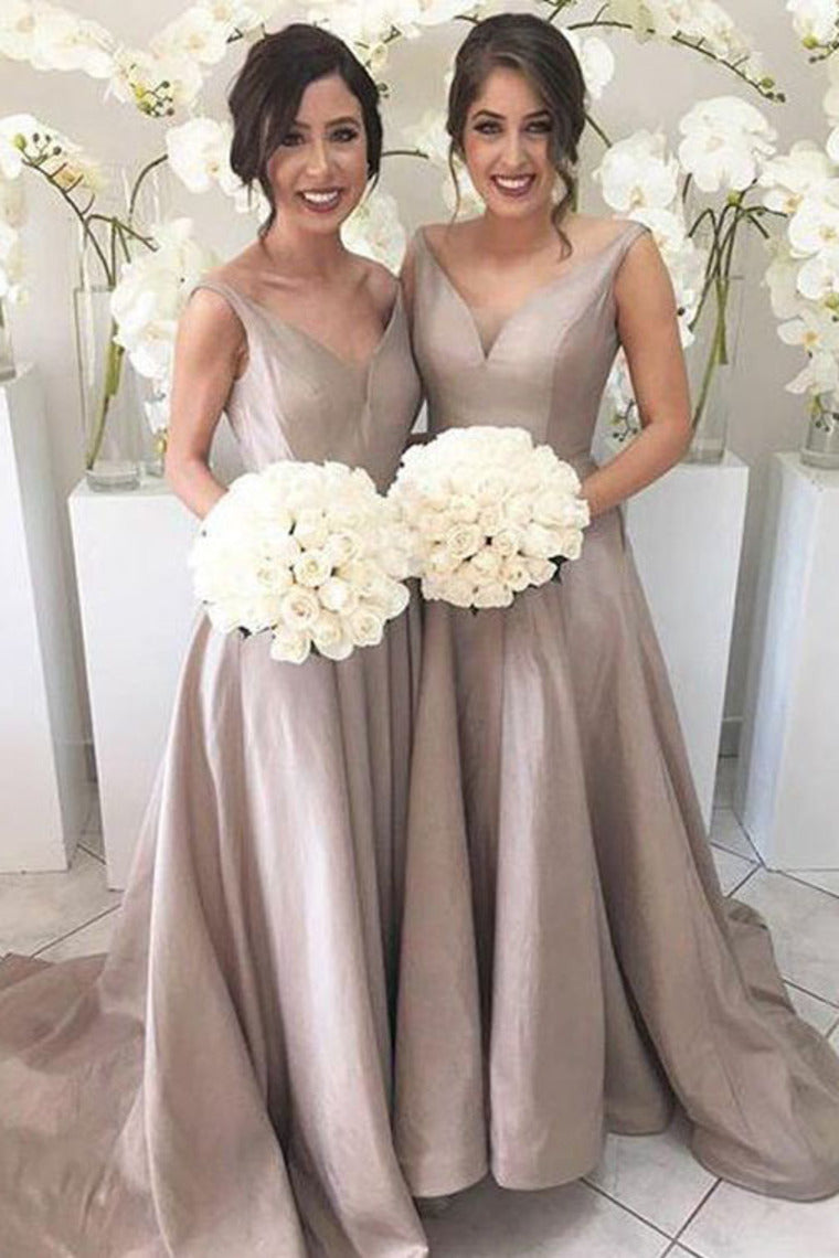 2024 V Neck Bridesmaid Dresses A Line Satin Sweep Train Zipper Up