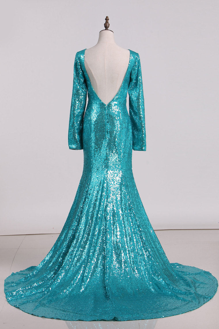 2024 Sexy Open Back Long Sleeve Prom Dresses Sequins Mermaid Sweep Train