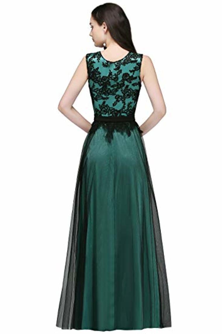 Lace Tulle Round Neck A Line Sleeveless Wedding Bridesmaid Long Evening  Festive Party Dress