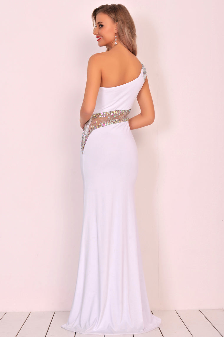 2024 Spandex One Shoulder Mermaid Sweep Train Prom Dresses With Slit