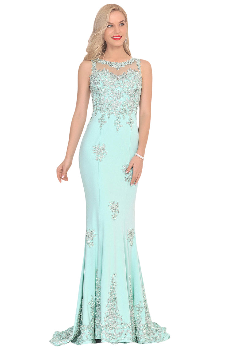 2024 Prom Dresses Mermaid Scoop Spandex With Applique Sweep Train