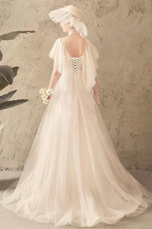 Unique Tulle Lace Long Wedding Dress, Ivory Short Sleeves Lace Up Back Bridal Dresses