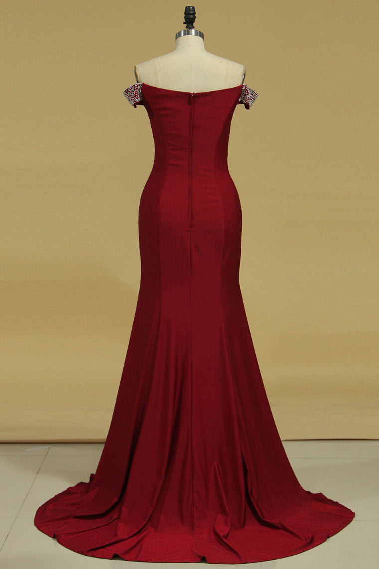 2024 Evening Dresses Mermaid Off The Shoulder Spandex With Beads And Slit