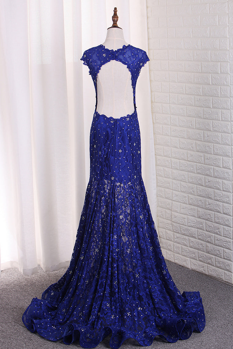 2024 Sexy Open Back Mermaid Prom Dresses Scoop Lace With Beading