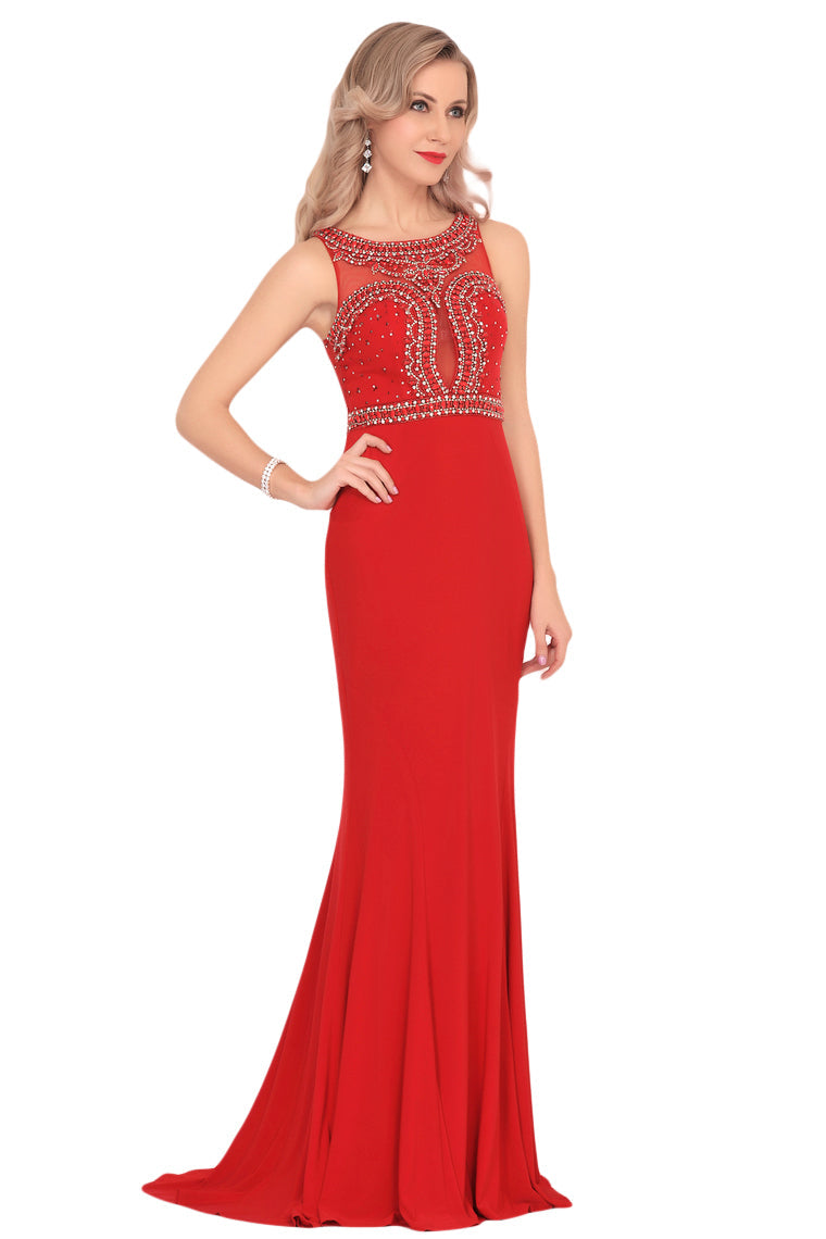 2024 Spandex Scoop Beaded Bodice Mermaid Sweep Train Prom Dresses