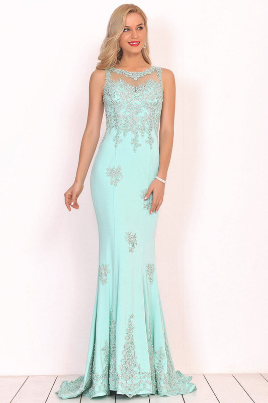 2024 Prom Dresses Mermaid Scoop Spandex With Applique Sweep Train