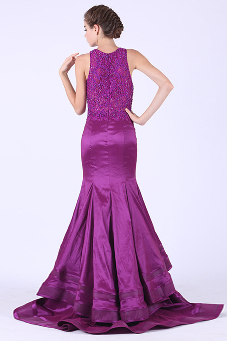 2024 Scoop Beaded Bodice Mermaid Prom Dresses Sweep Train Taffeta